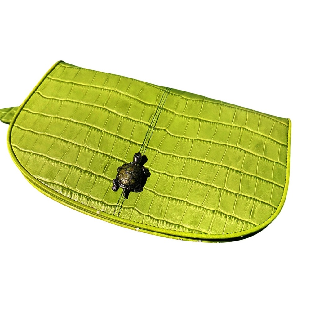 Karen Callan Designs Lime Green Croc Leather Turtle Clutch Wallet 5x8